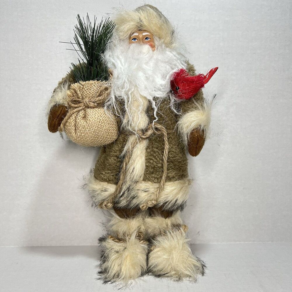 Santa Clause 12”  Fur Coat & Boots  Christmas Tree in Burlap Bag w/Cardinal